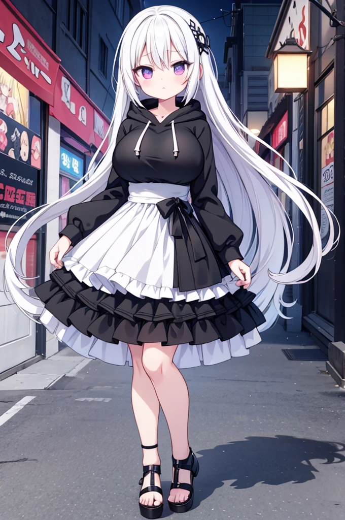 Anime-style image of a woman with white hair and black clothing, Cute 3D anime girl render, Cute anime waifu in a nice dress, Anime VTuber Full Body Model, Anime girl in a hoodie, Highly detailed characters, Official character art,exorcist,Big Tits,ghost