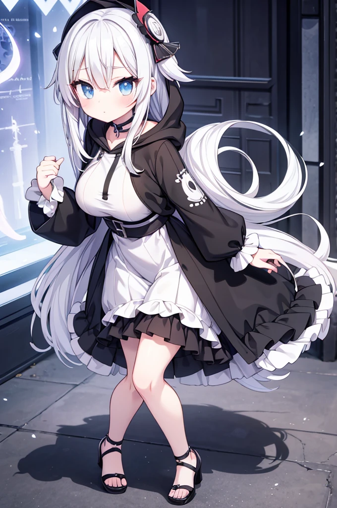 Anime-style image of a woman with white hair and black clothing, Cute 3D anime girl render, Cute anime waifu in a nice dress, Anime VTuber Full Body Model, Anime girl in a hoodie, Highly detailed characters, Official character art,exorcist,Big Tits,ghost