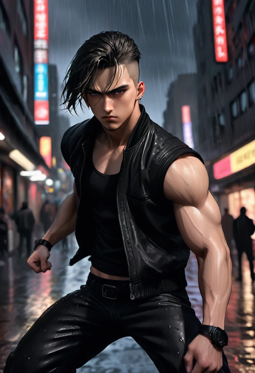 ((Work of art, extremely detailed, looking at screen, dark lighting)), 1 man, 20 years old, buzzcut hair, wearing a black bandana, serious look, in a fighting pose, extremely strong body, wearing a black sleeveless jacket open, wide black pants, rainy city scenery in the background.