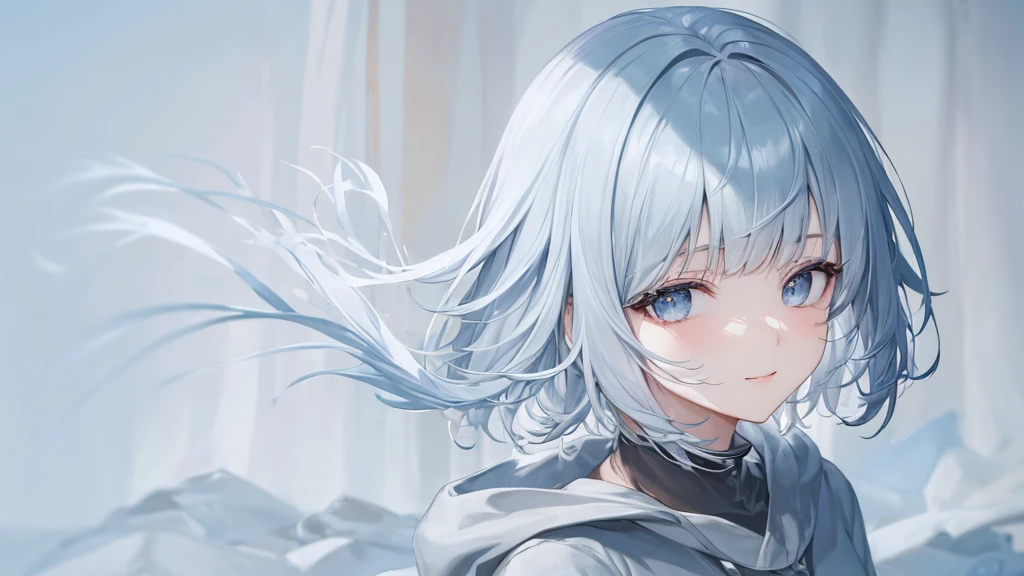 とてもShort Hair, Long bangs between the eyes, Very detailed,(masterpiece、Highest quality)、alone、Gray Hair、Fantasy, Silver Hair, Fantasyな風景、smile、Open your mouth、short hair、Short Hair、hairpin、black eye、Grey Eyes、Beautiful Eyes、Black Shirt、White hoodie