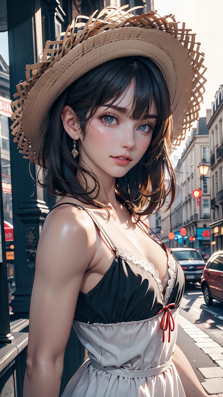 (Highest quality, 16K, masterpiece: 1.3)), 1 girl, Sharp focus: 1.2, Beautiful woman with perfect figure: 1.4, Slim Abs: 1.2, (((Short Bob Hair)), ((small: 1.4)), ((Beautiful Face Idol: 1.3)), Highly detailed face and skin texture, Detailed eyes, double eyelid, (((stop temporarily)), (Fascinating)), walk, Paris cityscape, Low - Angle, Shooting from below、Sexy proportions、erotic、Summer dress with lace decoration、Mules、Wide-brimmed hat decorated with ribbon、Perfect Makeup