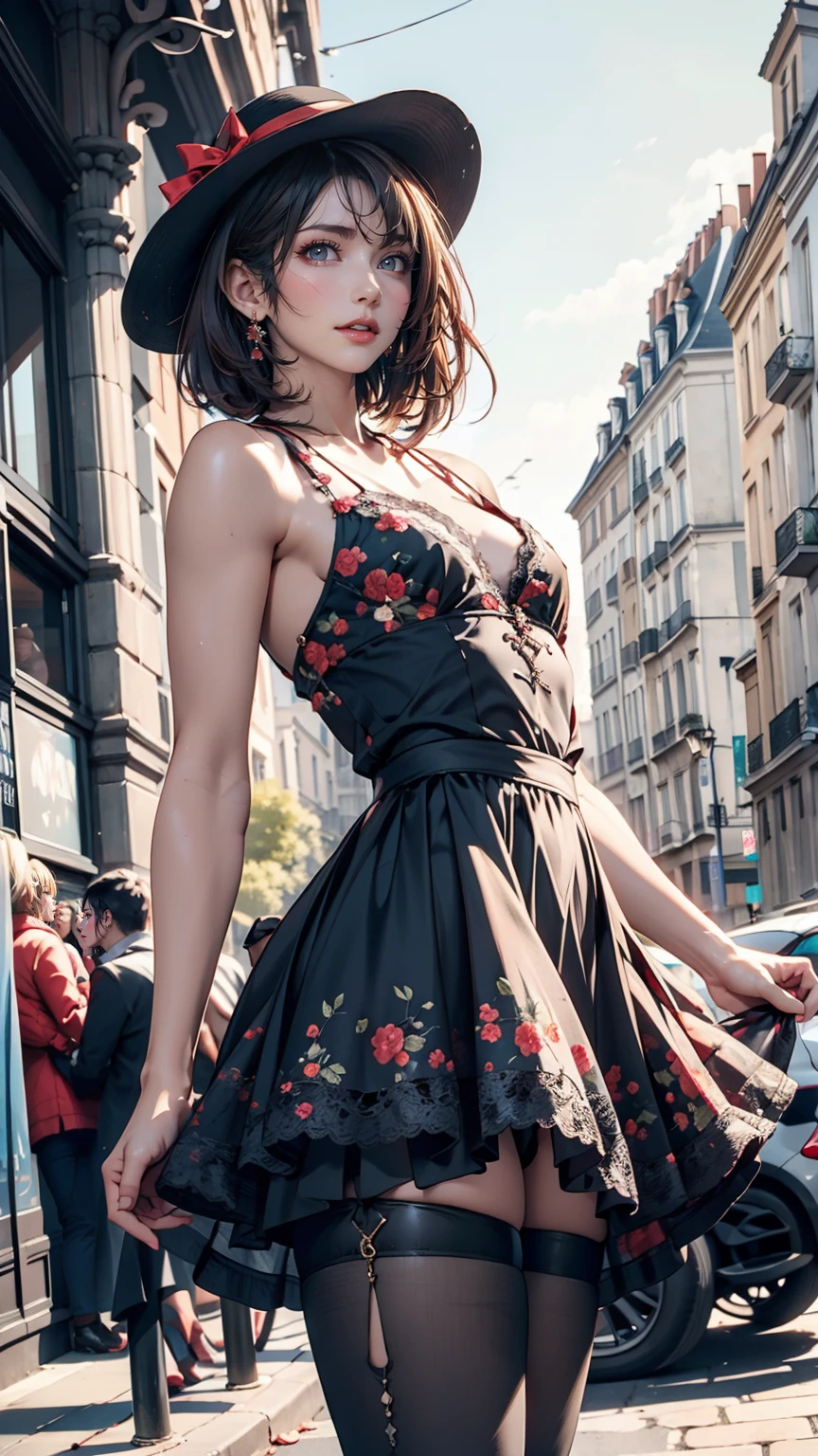 (Highest quality, 16K, masterpiece: 1.3)), 1 girl, Sharp focus: 1.2, Beautiful woman with perfect figure: 1.4, Slim Abs: 1.2, (((Short Bob Hair)), ((small: 1.4)), ((Beautiful Face Idol: 1.3)), Highly detailed face and skin texture, Detailed eyes, double eyelid, (((stop temporarily)), (Fascinating)), walk, Paris cityscape, Low - Angle, Shooting from below、Sexy proportions、erotic、Summer dress with lace decoration、Mules、Wide-brimmed hat decorated with ribbon、Perfect Makeup