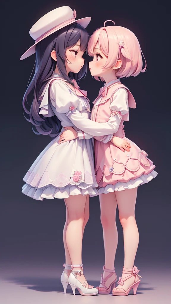 (((yuri, lesbian kiss))), ((petite bishojo, little 2girls)), ((cute face)), ((cute puffy eyes)), ((masterpiece)), ((best quality)), ((ultra detailed)), ((exquisite)), ((depth)), ((crisp)), ((8k)), ((beautiful and aesthetic)), (super detailed skin), ((high standard)), ((highres)), ((perfect anatomy)), (full body), (blush), (rouge), (wuv, cutesy jk)