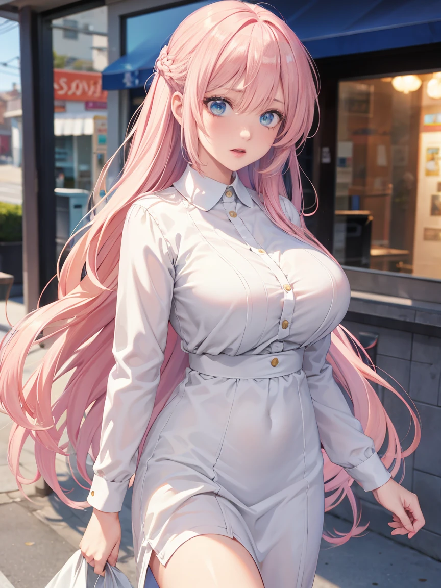 1woman,walking ,blue eyes, Beautiful makeup,Surprised expression, teeth showing, long eyelashes,early in the morning,stunning,half body photo, very detailed face,cute,,HD face, perfect face,Short white dress, pink cardigan,very big breasts,Blonde hair,blonde hair,bangs,long hair, straight hair,ultra detail,ultra Hd, masterpiece,4k
