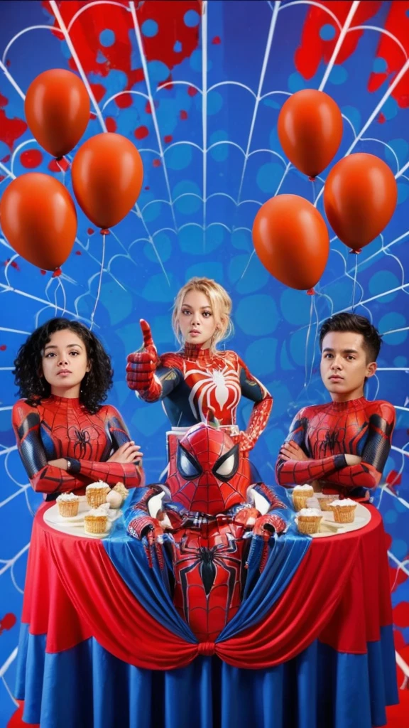 transform this image into a 3d Disney Pixar style image (a black girl, curly hair down to her shoulders, black eyes, a boy with arms crossed in the Spider Woman outfit, in the middle a blonde with short curly hair, is standing giving a thumbs up 👍🏻 in the spider man outfit, on the right a white girl with her hair tied in a ponytail, is standing with her arms crossed in the spider woman outfit). better image quality.