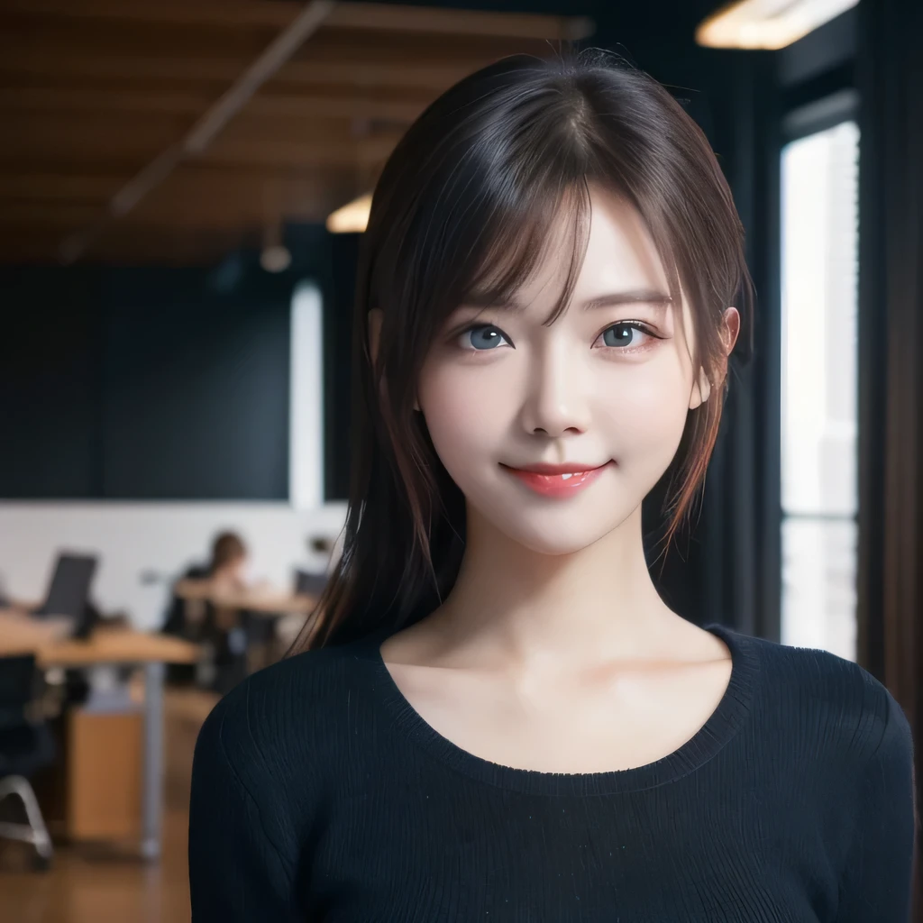 (8k, RAW Photos, Highest quality, masterpiece:1.2), (Realistic, photo-Realistic:1.37),1 girl,cute, A light smile,blue eyes, (alone),Detailed facial ponytail, Elevation,
,office,View your viewers,throw,cyber punk,