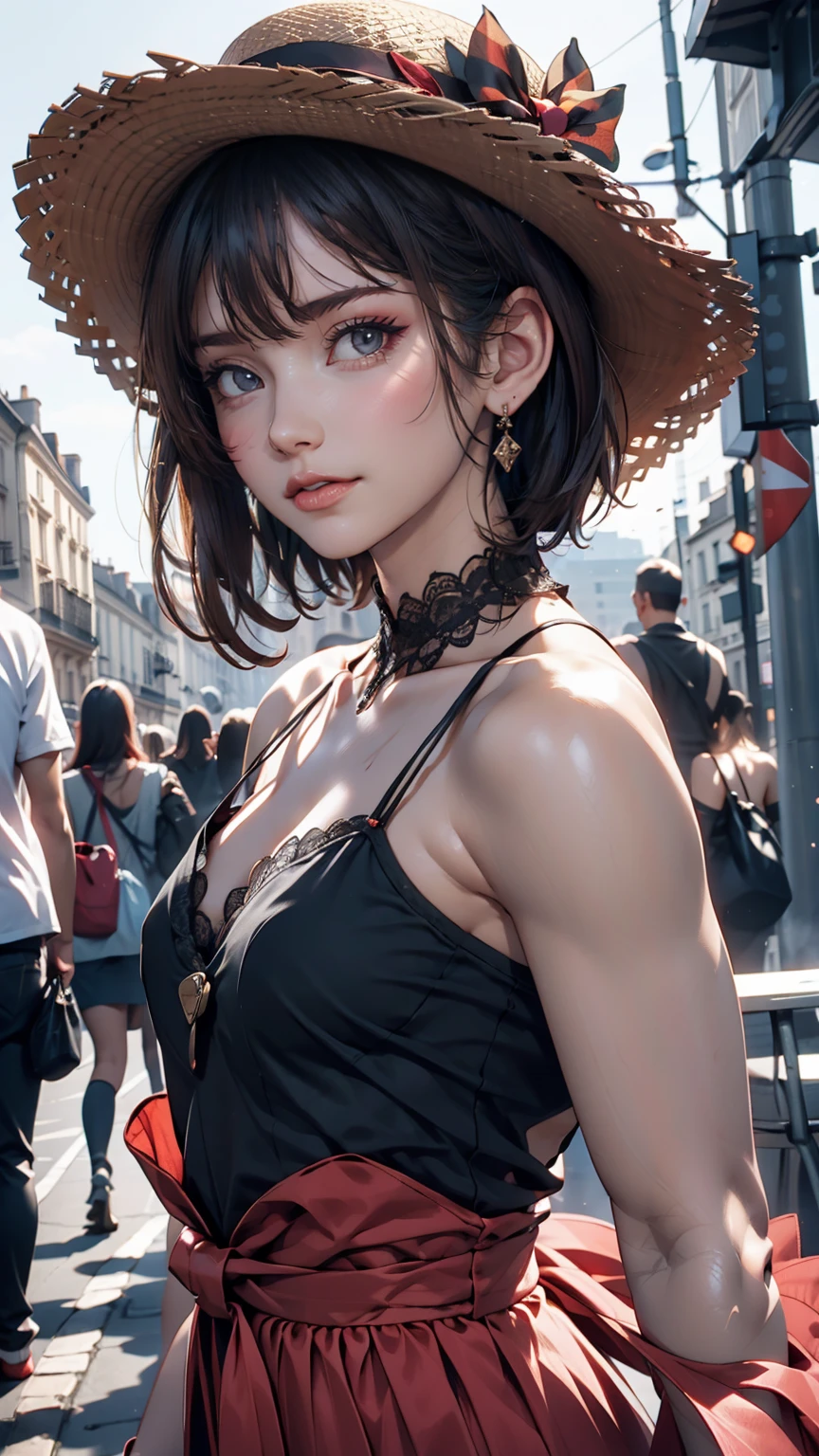 (Highest quality, 16K, masterpiece: 1.3)), 1 girl, Sharp focus: 1.2, Beautiful woman with perfect figure: 1.4, Slim Abs: 1.2, (((Short Bob Hair)), ((small: 1.4)), ((Beautiful Face Idol: 1.3)), Highly detailed face and skin texture, Detailed eyes, double eyelid, (((stop temporarily)), (Fascinating)), walk, Paris cityscape, Low - Angle, Shooting from below、Sexy proportions、erotic、Summer dress with lace decoration、Mules、Wide-brimmed hat decorated with ribbon、Perfect Makeup