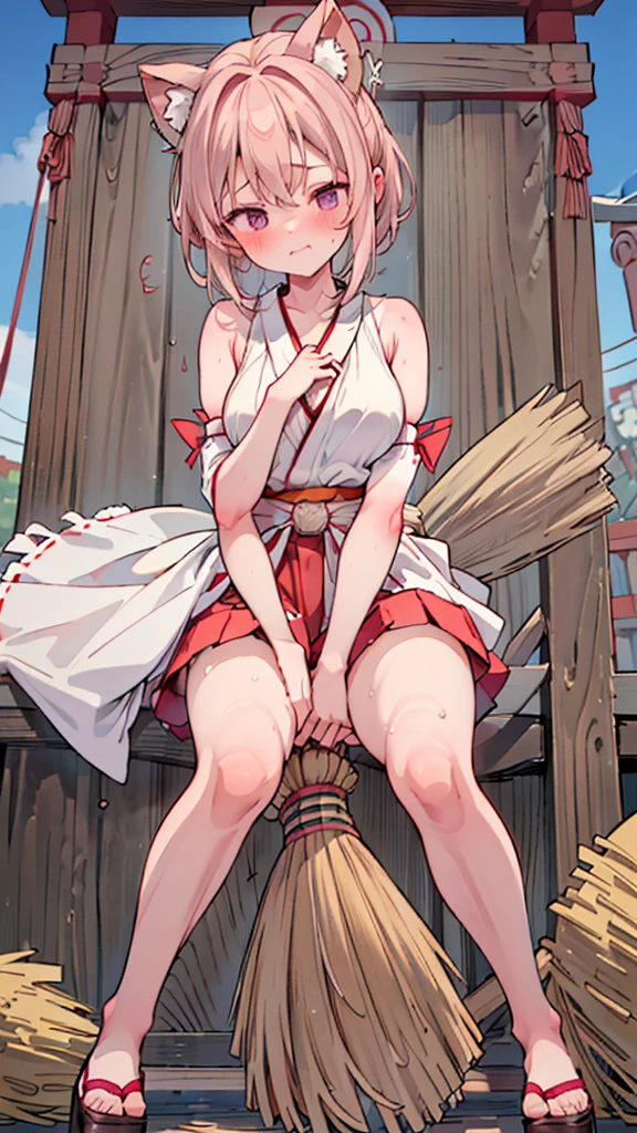 (detailed fingers,detailed hands,detailed eyes,detailed legs:1.5),(shoot from side:1.7),(1girl,独奏:1.5),(shrine,outdoors:1.5),(vagina,vaginale:0.2),(standing:1.5),(knees together feet apart:1.5),(1broom,Hold the broom handle with both hands,Hold a long-handled broom at an angle with both hands,straddling a long broom handle,Hold the long handle of a broom between your legs:1.7),(female orgasm:1.2),(pussy juice:1.2),(embarrassed,blush:1.5),(steam:1.2),(sweat skin:1.5),(saliva:1.3),(looking down at viewer:1.5),(large breasts:1.5),crying face,(watery eye:1.2),(miko,shrine maiden, japanese clothes, detached sleeves,hakama mini skirt:1.5),(wet clothes:0.2)