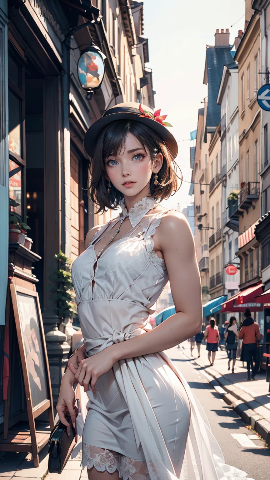 (Highest quality, 16K, masterpiece: 1.3)), 1 girl, Sharp focus: 1.2, Beautiful woman with perfect figure: 1.4, Slim Abs: 1.2, (((Short Bob Hair)), ((small: 1.4)), ((Beautiful Face Idol: 1.3)), Highly detailed face and skin texture, Detailed eyes, double eyelid, (((stop temporarily)), (Fascinating)), walk, Paris cityscape, Low - Angle, Shooting from below、Sexy proportions、erotic、Summer dress with lace decoration、Mules、Wide-brimmed hat decorated with ribbon、Perfect Makeup