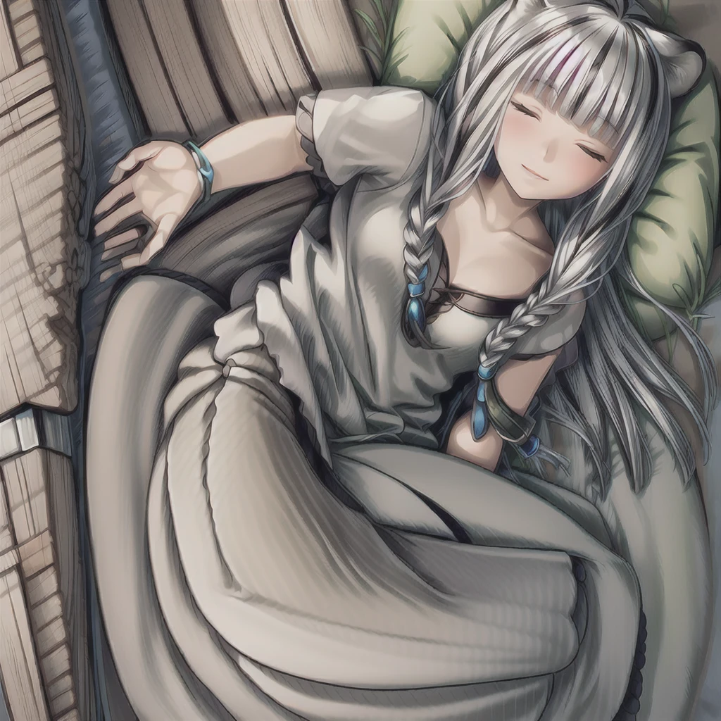 ((masterpiece)), (best quality), (ultra-detailed), photorealistic, (best illustration), ((an extremely delicate and beautiful)), 1girl, solo, long hair, tiger ears, [:tiger tail under:0.2], white hair, two-tone hair, lying on stomach, on bed, tired, white dress, (green dress:1), multicolored dress, cross-laced, standing, closed eyes, flirty smile, black skirt, short sleeves, detailed scenery, blue sky, horizon, low twin braids, twin braids, hair ornament, bracelet, (looking at viewer:0.9), blush, tail wagging.