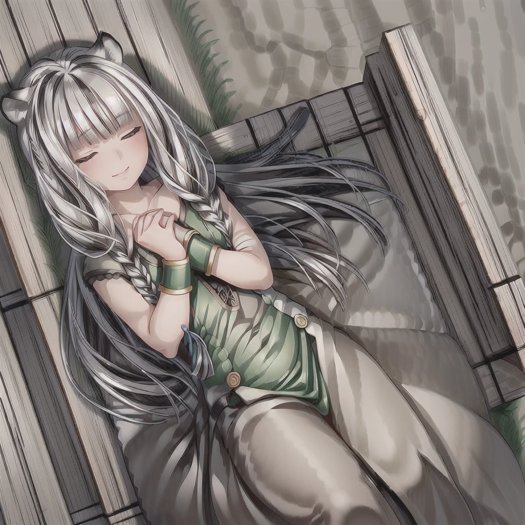((masterpiece)), (best quality), (ultra-detailed), photorealistic, (best illustration), ((an extremely delicate and beautiful)), 1girl, solo, long hair, tiger ears, [:tiger tail under:0.2], white hair, two-tone hair, lying on stomach, on bed, tired, white dress, (green dress:1), multicolored dress, cross-laced, standing, closed eyes, flirty smile, black skirt, short sleeves, detailed scenery, blue sky, horizon, low twin braids, twin braids, hair ornament, bracelet, (looking at viewer:0.9), blush, tail wagging.