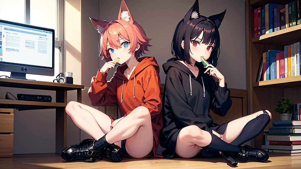 a hand-drawn anime-style illustration featuring two female characters. One character, sitting cross-legged on the floor, has short red hair, fierce red eye color, and wears a red hoodie while eating something. The other character lies on the floor with short black hair, shy blue eyes, and black fox ears. A black cat with blue eyes stands in the background observing. The room is messy with scattered papers, books, a green bottle, and a cup. A bulletin board filled with notes and drawings hangs on the wall, and a computer monitor is visible in the background.