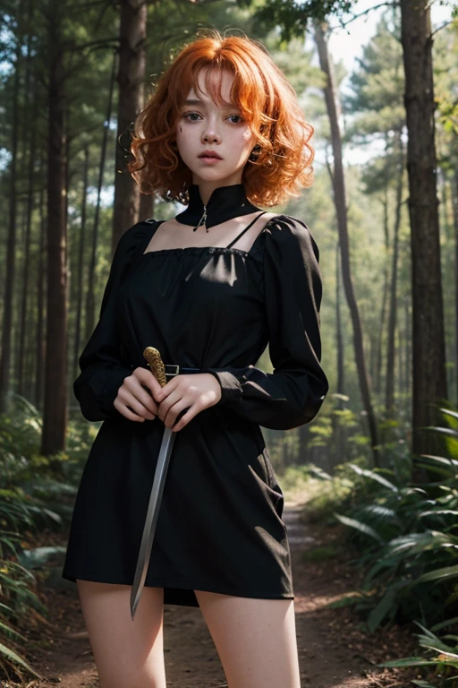 18 year old girl, Lovely, white hair, very short, Very curly, slim, flat bust, with freckles on the face, with slavic features, with long sleeve dress, yellow, whole body, shows her legs, in the castle garden, at night, holding a sword in his hand.