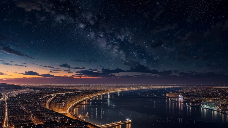 (masterpiece), best quality, extremely detailed, ultra-detailed,
official art, extremely detailed CG unity 8k wallpaper, perfect lighting,
crowd city, cityscape, bird's view, horizon, 
midnight, starry sky, shooting star, moon,
magnificiently illuminated sky, cloudy, view over a cute seaside town,
multicolor sky, cumulus cloud, particles of light, shooting star, 