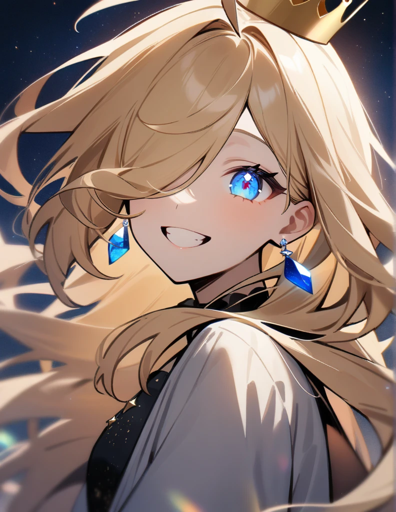 One girl, Long Hair, High resolution, smile, blue eyes, とてもLong Hair, masterpiece, Blonde, Ahoge, Hair that hides one eye, Hair blowing in the wind, Cat ear, Crystal Earrings, Smiling with teeth showing, crown, Stars in the Sky, Odd Eye, Big glitter eyes, Glowing Eyes, 