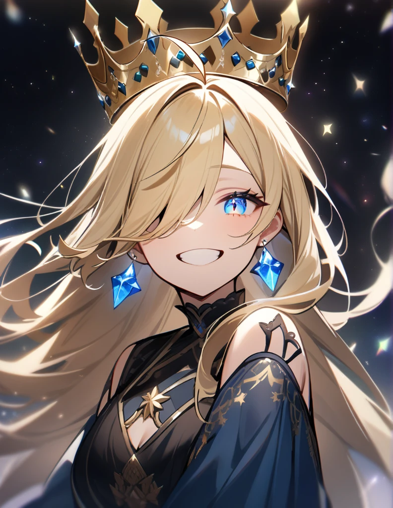 One girl, Long Hair, High resolution, smile, blue eyes, とてもLong Hair, masterpiece, Blonde, Ahoge, Hair that hides one eye, Hair blowing in the wind, Cat ear, Crystal Earrings, Smiling with teeth showing, crown, Stars in the Sky, Odd Eye, Big glitter eyes, Glowing Eyes,