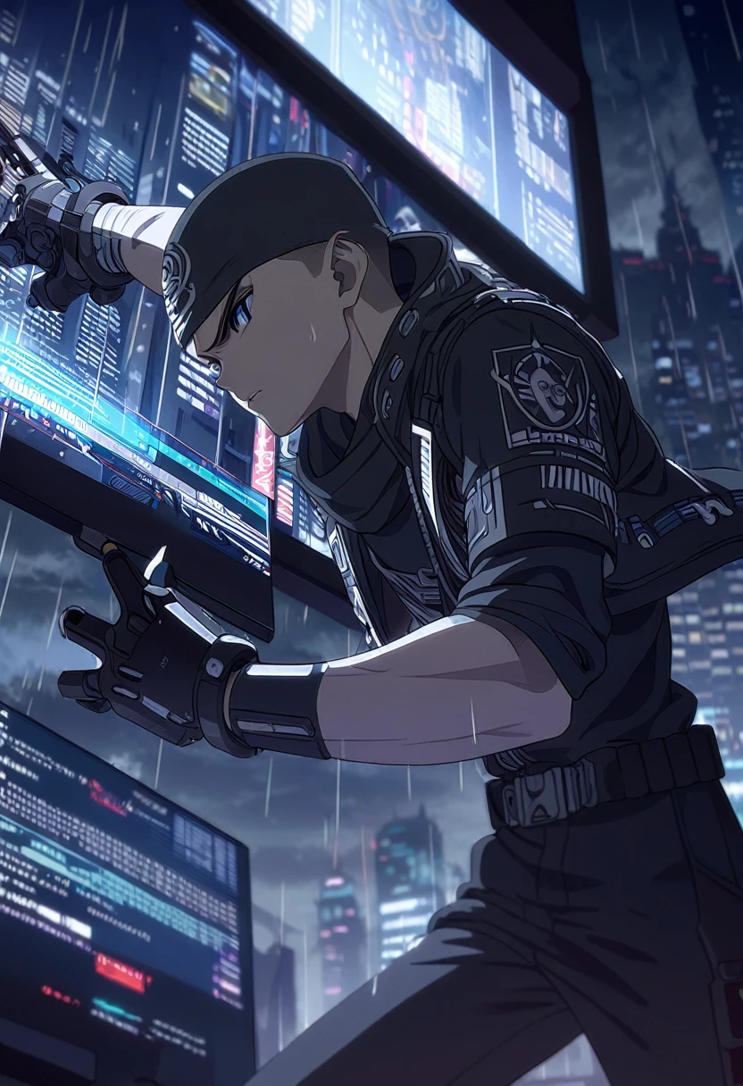 ((Work of art, extremely detailed, looking at screen, dark lighting)), 1 man, 20 years old, buzzcut hair, wearing a black bandana, serious look, in a fighting pose, extremely strong body, wearing a black sleeveless jacket open, mechanical left arm, wide black pants, rainy city scenery in the background.