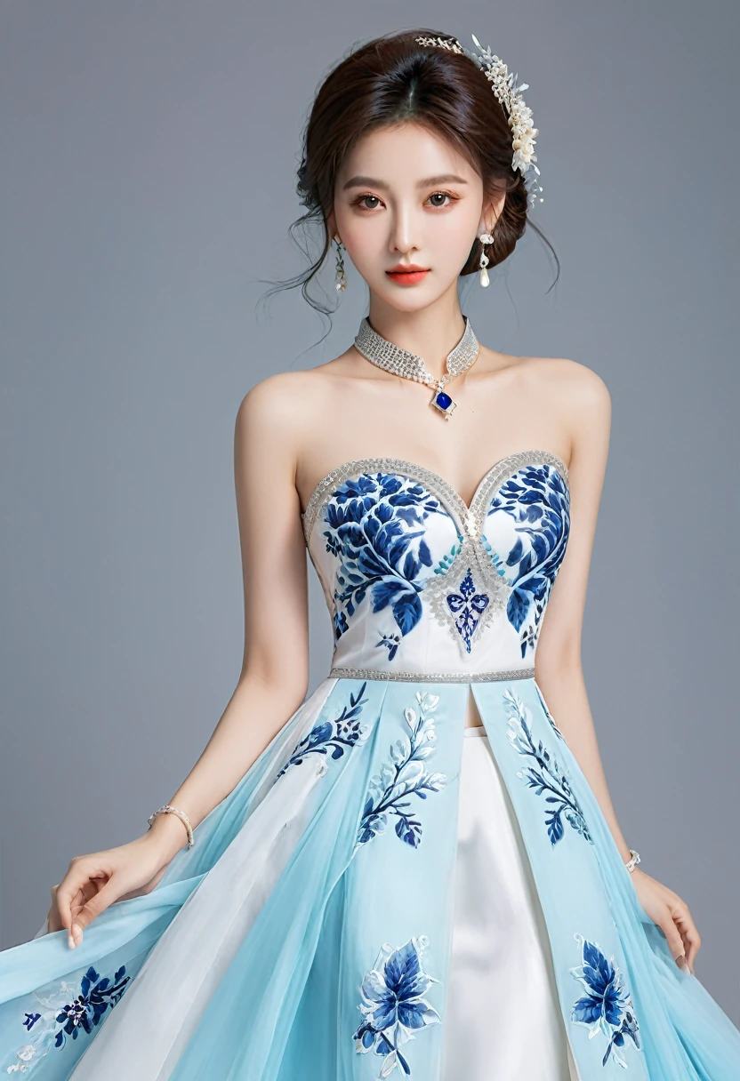 Realistic photo style, whole body 사진에 아름다운 아시아 소녀가 등장합니다., Wearing a unique ethnic style evening gown with delicate skin., bright and lively eyes, Thick eyelashes that look especially attractive. Long dresses are slim and elegant., Eye-catching silver jewelry and alcohol. The high-collar design adds an elegant atmosphere., Color of blue and white porcelain. using light and shadow, The vivid and harmonious appearance of the protagonist is highlighted... whole body, (masterpiece, best quality, professional, perfect composition, very aesthetic, absurd, very detailed, intricate details:1.3)