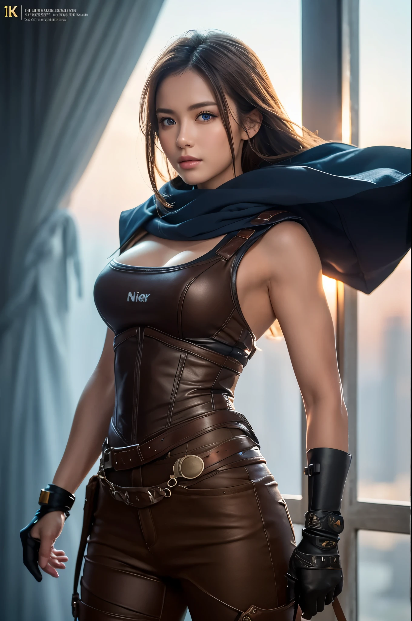 Realistic, 8k,アラフェッドは茶色の鎧を着た女性の写真のPauseをとる Women with fearless features(Lifelike face) Muscular and macho woman Brown-haired Helly Shorthair Muscular macho brown pants and protectors,masterpiece、8k resolution、Fantasy art、Ultra-high resolution,,Mr..々Pause,charm,sexy,Rich colors, Backlight, Cinema Lighting, Film Grain, to be born, 50mm lens, Nikon D850