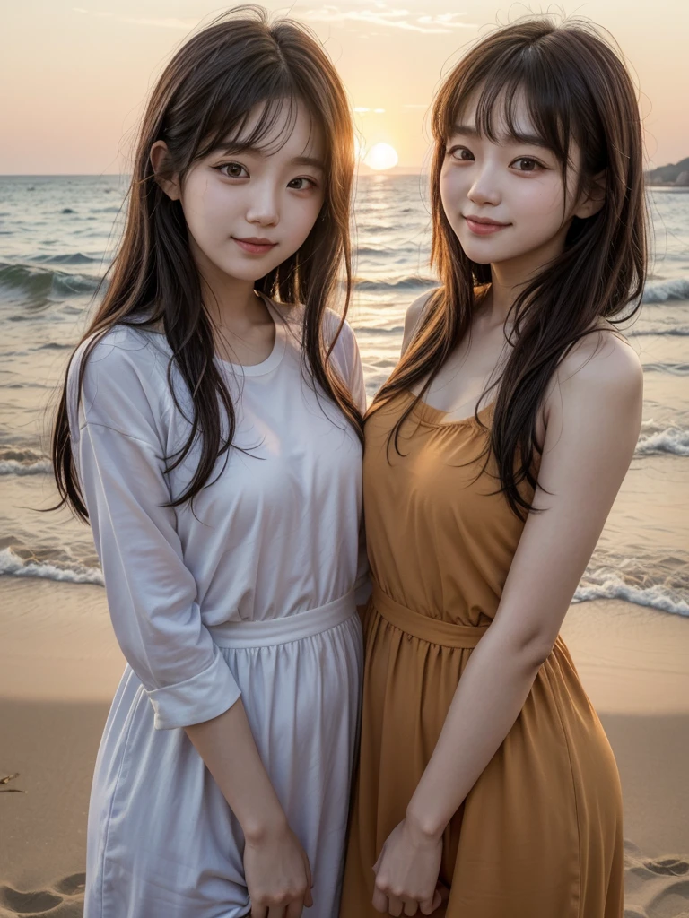 Two young adult South Korean women with height differences. Embraced on the shore between sand and sea, they smile like a couple in love while the orange sunset sun illuminates their faces, which are enveloped by the beige colors of the sunset. in a manhwa art