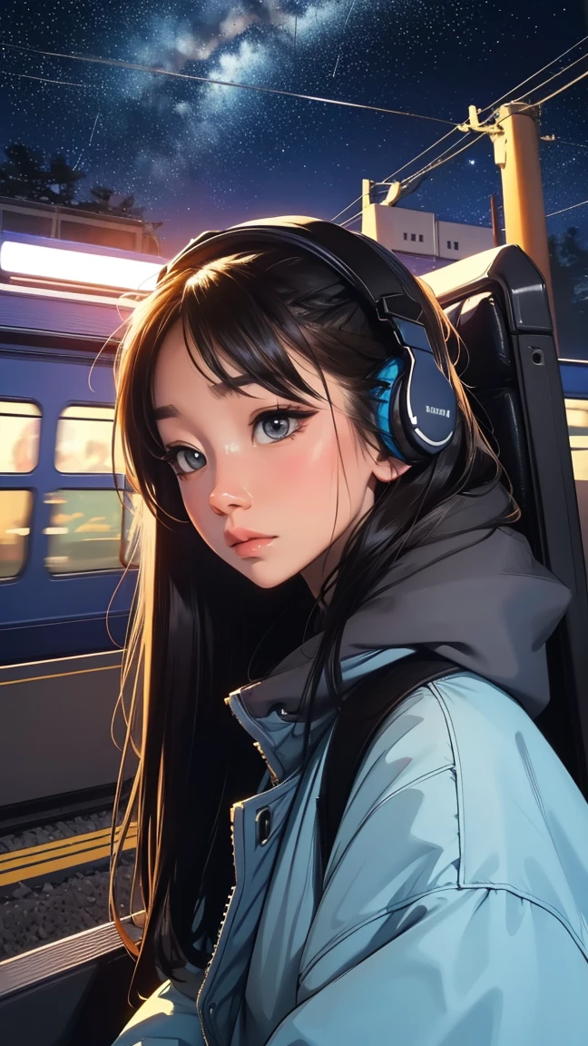 train,  trainから降りる, Stargazing,  Put on your headphones, Night Travel, Beautiful starry sky, beautiful girl, UHD Portrait, (high quality) (Super detailed) Observation of viewers wearing hip-hop street fashion; different, colorful, Long hair in color 🌈