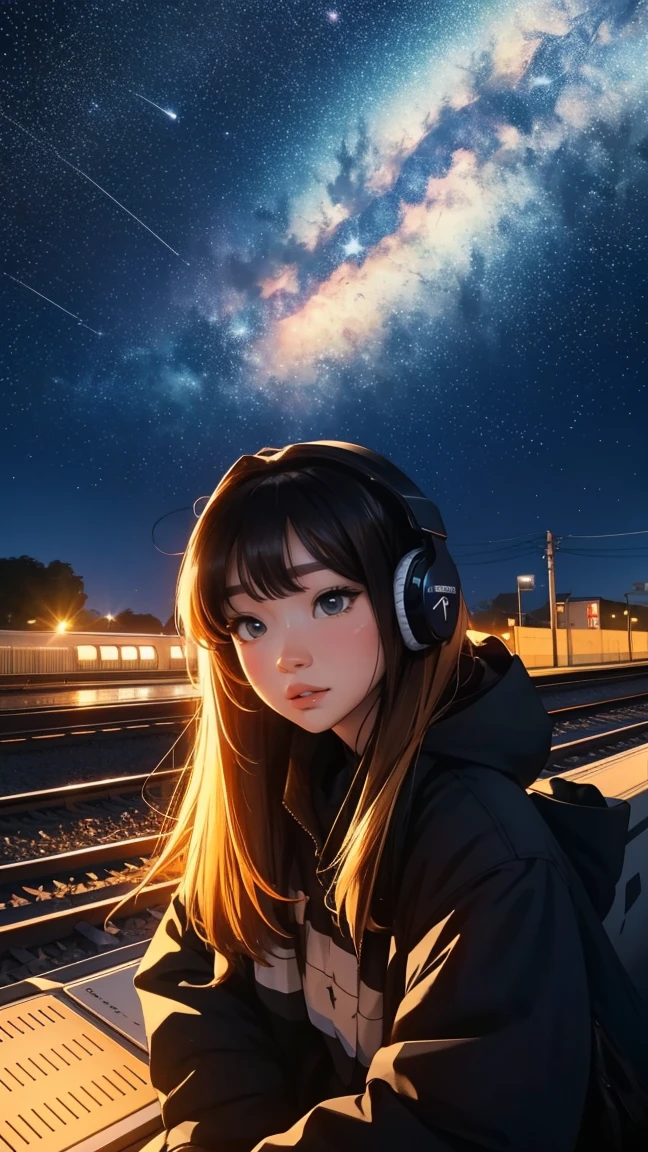 train, trainから降りる, Stargazing, Put on your headphones, Night Travel, Beautiful starry sky, beautiful girl, UHD Portrait, (high quality) (Super detailed) Observation of viewers wearing hip-hop street fashion; different, colorful, Long hair in color 🌈