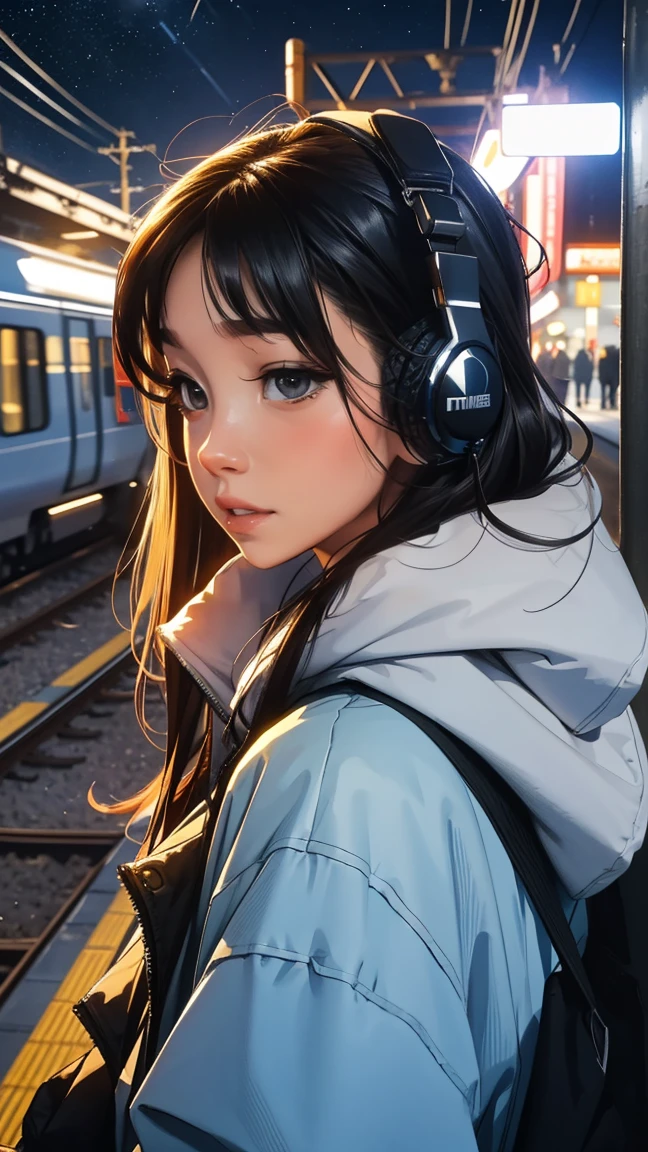 train, trainから降りる, Stargazing, Put on your headphones, Night Travel, Beautiful starry sky, beautiful girl, UHD Portrait, (high quality) (Super detailed) Observation of viewers wearing hip-hop street fashion; different, colorful, Long hair in color 🌈