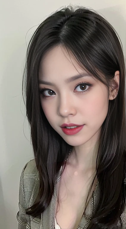 (best quality, masterpiece:1.2), white background, realistic, crew neck, closed-neckline, pants, (business jacket:1.2), (brown hair:1.2), big eyes, beautiful woman, smile, eyelashes, highly detailed face, fierce look, angry look, (long sleeved shirt: 1.2), looks like a naughty celebrity but is a good girl, virgin girl, inexperienced virgin girl
