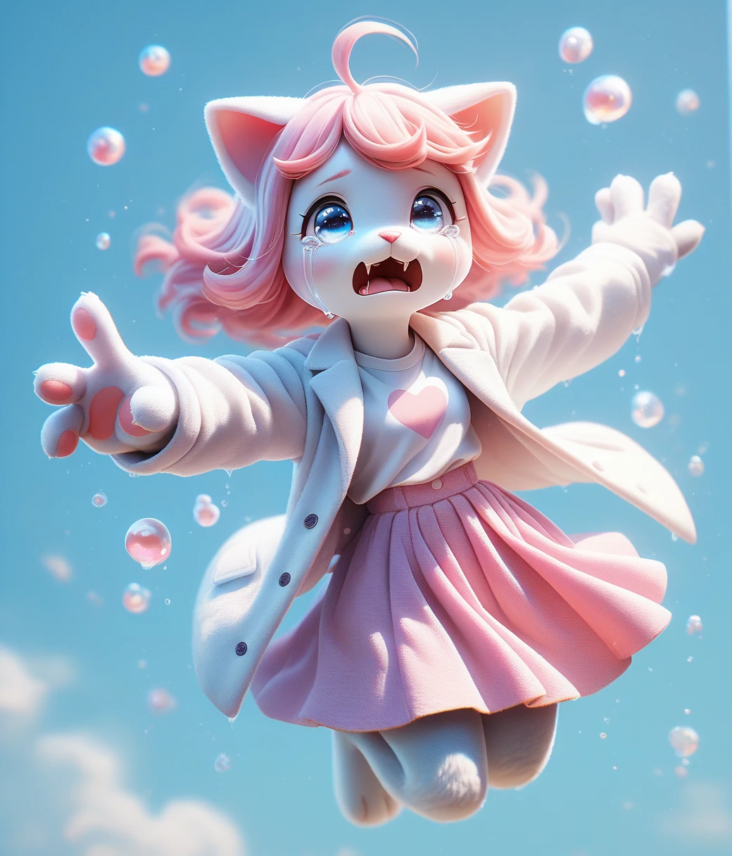 Female anthropomorphic cat , whole body, Crying with big tears flying, 明るいDaytimeの都会, White coat, Adorable, Daytime, White T-shirt、Pink Skirt、