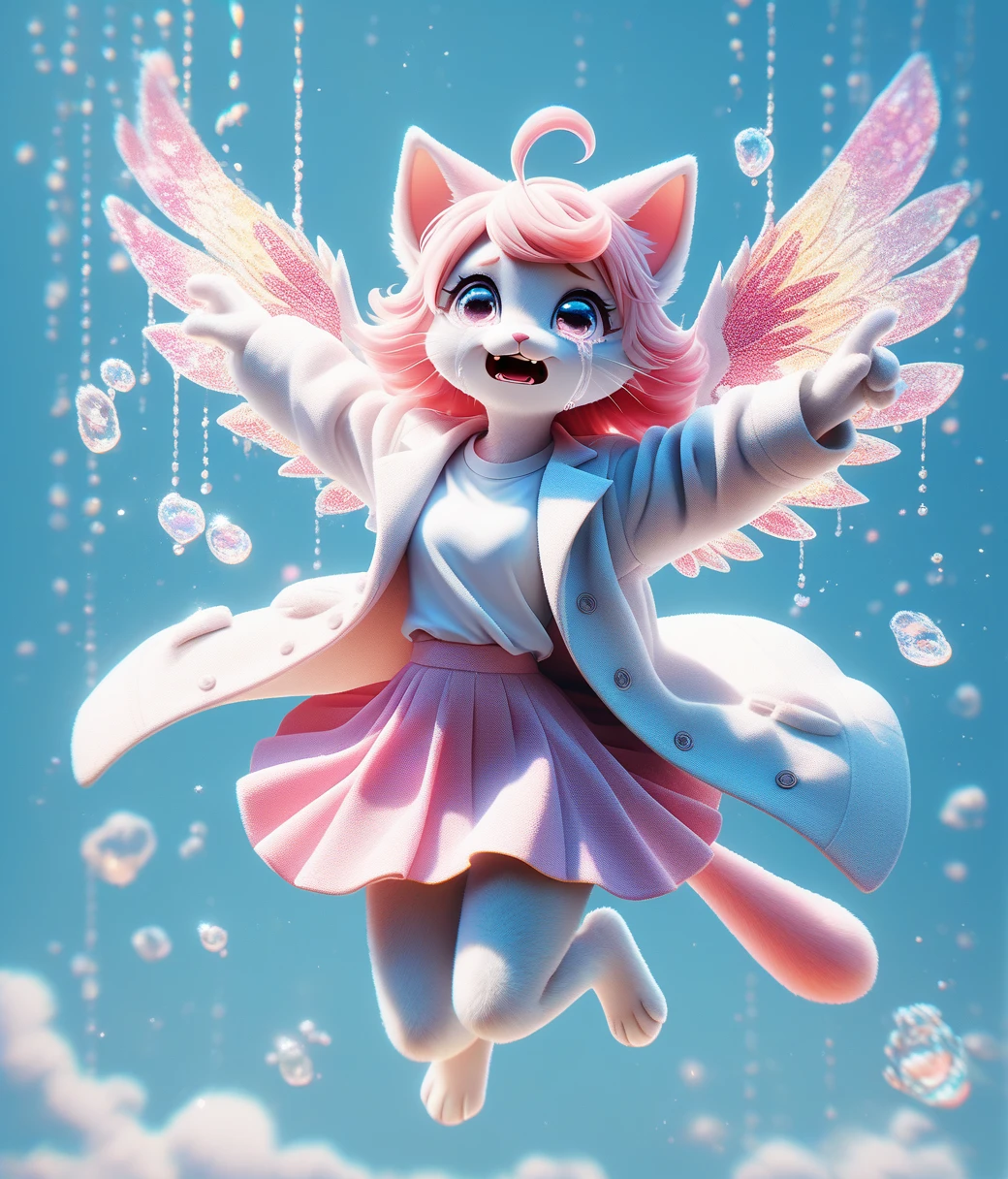 Female anthropomorphic cat , whole body, Crying with big tears flying, 明るいDaytimeの都会, White coat, Adorable, Daytime, White T-shirt、Pink Skirt、