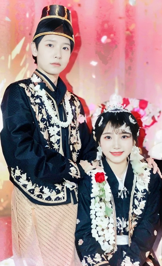 Indonesian bride and groom, they wear traditional Javanese traditional clothes, the clothes have white jasmine flowers, brown sarongs, red roses