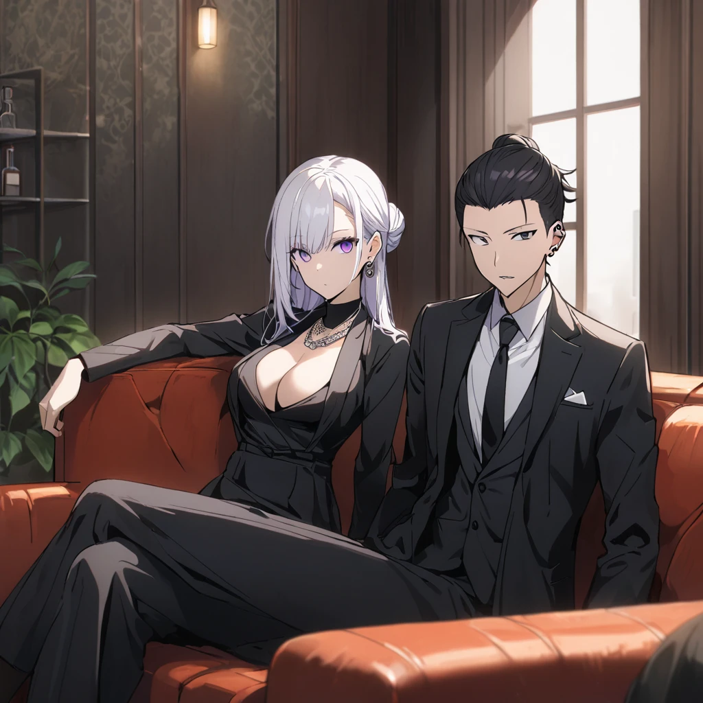 1girl, formal, 1boy, breasts, single_hair_bun, black_hair, suit, dress, necktie, cleavage, hair_bun, looking_at_viewer, crossed_legs, sitting, jewelry, white_hair, shirt, pants, black_pants, black_necktie, long_hair, white_shirt, collared_shirt, black_eyes, black_dress, necklace, piercing, purple_eyes, couch, black_suit, sleeveless_dress, indoors, jacket, black_jacket, getou_suguru, bangs, hair_pulled_back, ear_piercing, large_breasts, earrings, sleeveless, parted_lips, closed_mouth, dress_shirt