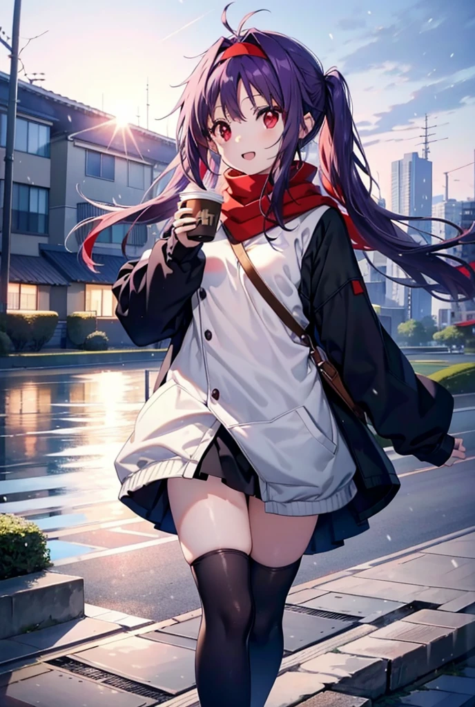 yuukikonno, Konno Yuuki, Long Hair, Pointed Ears, Purple Hair, (Red eyes:1.5), (Small breasts:1.2), Open your mouth,happy smile, smile, Open your mouth,hair band,low twin tail,Red Scarf,Oversized purple hoodie,Black pantyhose,Long skirt,short boots,Holding a paper cup of coffee in both hands,Walking,snowが降っている,snowが降り積もっている,snow,snow,snow,snow,snowが積もった木,winter,Cold Sky,night,whole bodyがイラストに入るように,
break looking at viewer, whole body,
break outdoors, garden,
break (masterpiece:1.2), Highest quality, High resolution, unity 8k wallpaper, (figure:0.8), (Beautiful attention to detail:1.6), Highly detailed face, Perfect lighting, Highly detailed CG, (Perfect hands, Perfect Anatomy),
