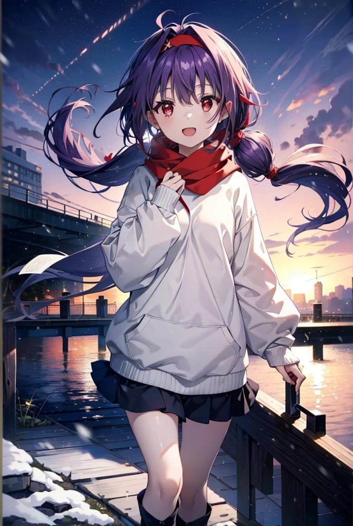 yuukikonno, Konno Yuuki, Long Hair, Pointed Ears, Purple Hair, (Red eyes:1.5), (Small :1.2), Open your mouth,happy smile, smile, Open your mouth,hair band,low twin tail,Red Scarf,Oversized purple hoodie,Black pantyhong skirt,short boots,Holding a paper cup of coffee in both hands,Walking,snowが降っている,snowが降り積もっている,snow,snow,snow,snow,snowが積もった木,winter,Cold Sky,night,whole bodyがイラストに入るように,
break looking at viewer, whole body,
break outdoors, garden,
break (masterpiece:1.2), Highest quality, High resolution, unity 8k wallpaper, (figure:0.8), (Beautiful attention to detail:1.6), Highly detailed face, Perfect lighting, Highly detailed CG, (Perfect hands, Perfect Anatomy),