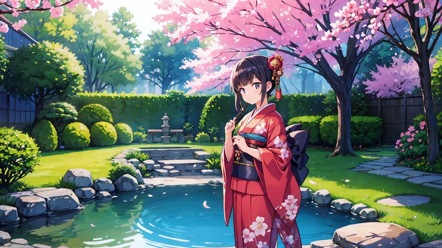A young woman in traditional Japanese attire playing a flute. She is wearing a beautifully detailed kimono with intricate patterns. Her hair is styled elegantly, and she has a serene expression on her face. She is standing in a peaceful garden with cherry blossoms in full bloom, their petals gently falling around her. The garden features a small pond with koi fish and a traditional stone lantern. Soft sunlight filters through the trees, casting a warm and tranquil glow over the scene.