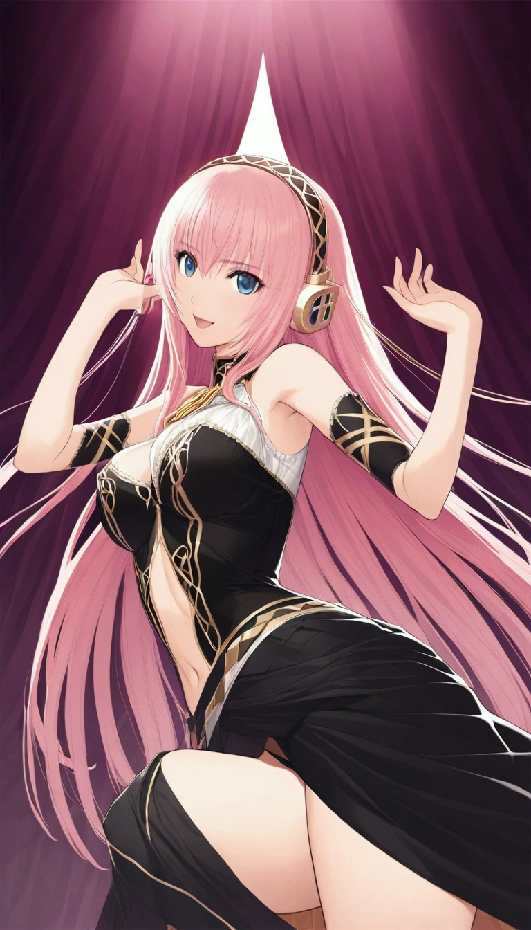 masterpiece,Detailed and beautiful depiction 1.1,Official Art,Beautiful adult woman ,Megurine Luka,Megurine Lukaの公式衣装,headphone,Black costume with gold decoration,Pink long hair,blue eyes,smile,Open your mouth,Mr.々A seductive pose,She lifts her black skirt to reveal her black shorts,Bedroom
