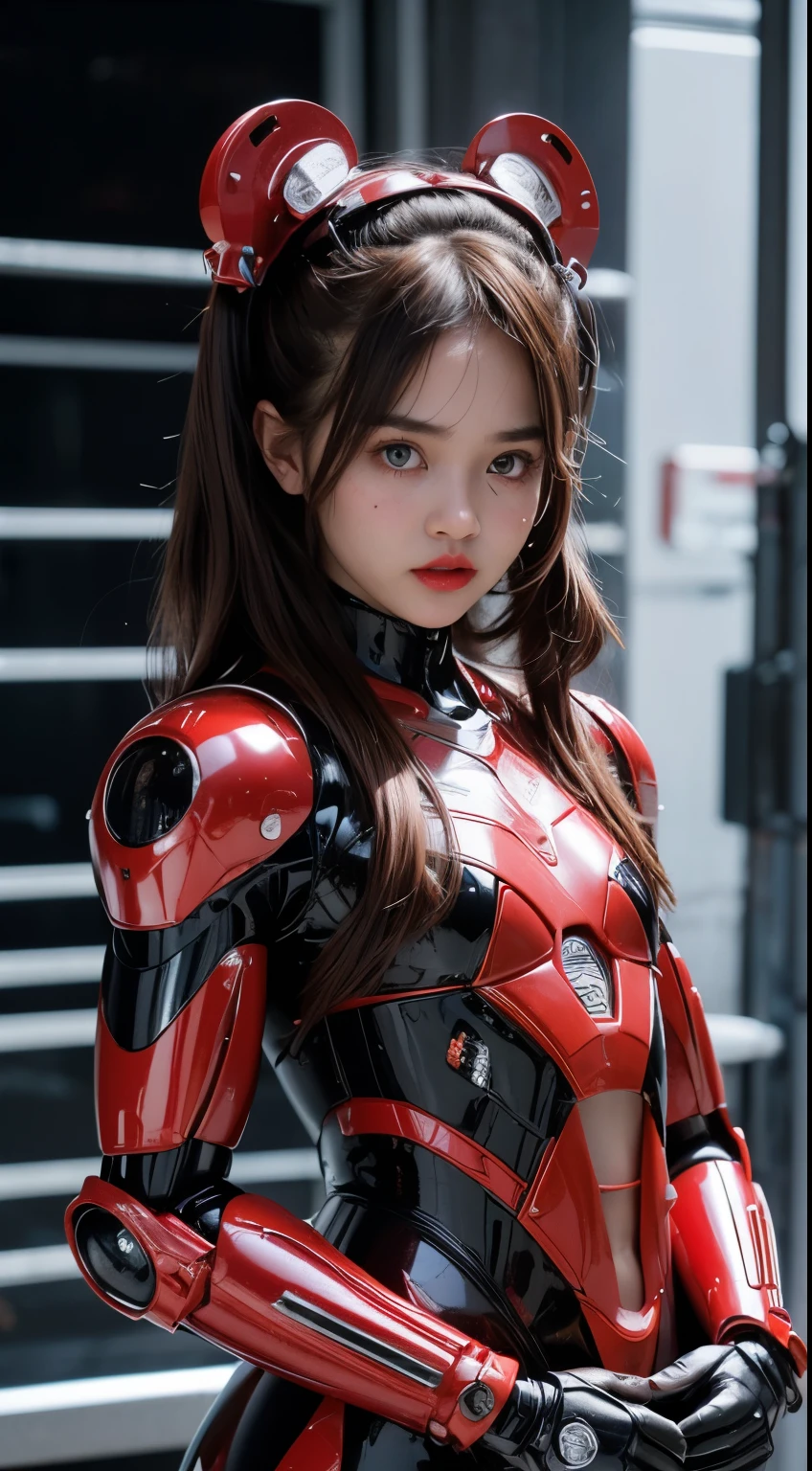 (Wearing Kamen Rider Ark), Very cute and baby-like face, Power puff girl, Naked, Angry pose, Angry face, (((BROWN HAIR MALAY GIRL))), masutepiece, High quality, UHD 45K, Realistic face, Realistic skin feeling , A Japanese Lady, 8 years old, , Very cute and baby-like face, (((FLAT CHEST))), (MATRIX WORLD), ((look In front at the camera and SADNESS)), with Kamen Rider fashion, ((RED BLACK MECHA SUIT)), captured in ultra high resolution with photorealistic and beautiful lighting. (((CUTE GIRL))), ((RED LIPS)), ((NUDE)), ((CHUBBY)), ((MECHANICAL ROBOT GIRL)). Malay girl wearing red black Mechanical costume girl in the middle of the toll road