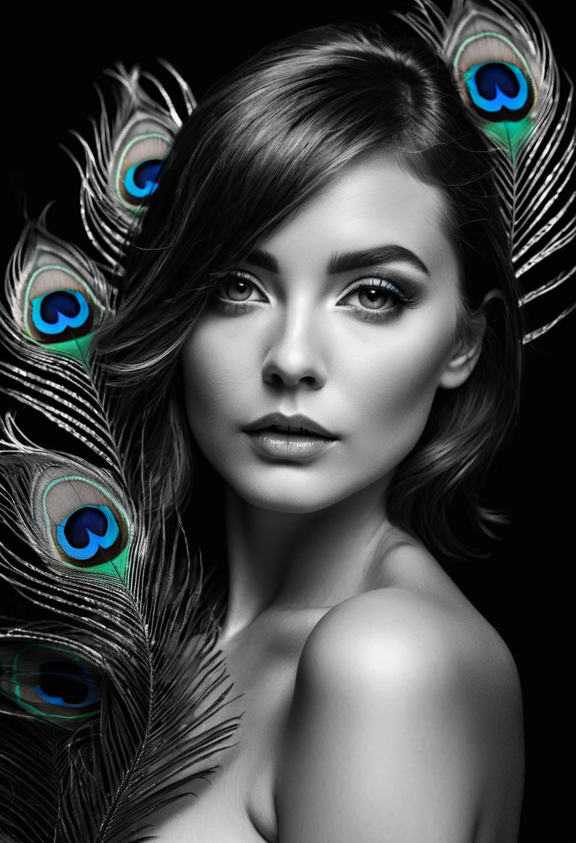 black and white, ultra clear raw photo of woman with a neon peacock feather, close up, dark background