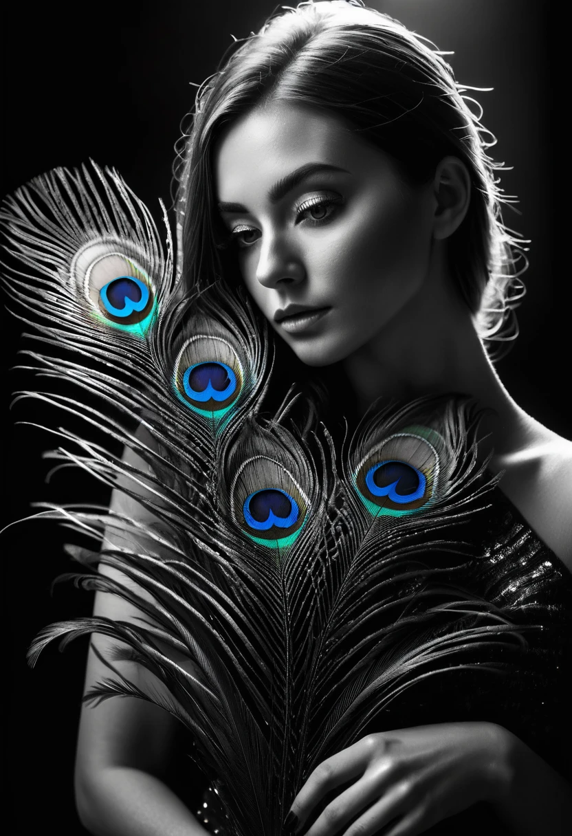 black and white, ultra clear raw photo of woman with a neon peacock feather, close up, dark background