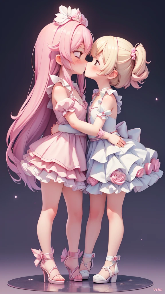 (((yuri, lesbian kiss))), ((petite bishojo, little 2girls)), ((cute face)), ((cute puffy eyes)), ((masterpiece)), ((best quality)), ((ultra detailed)), ((exquisite)), ((depth)), ((crisp)), ((8k)), ((beautiful and aesthetic)), (super detailed skin), ((high standard)), ((highres)), ((perfect anatomy)), (full body), (blush), (rouge), (wuv, cutesy gal)