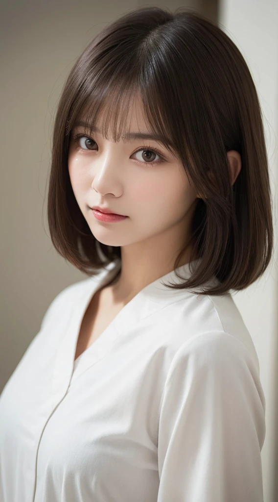 Close-up shot of a  white woman with short, dark hair, dressed in a crisp white doctor's blouse, looking directly at the camera with a gentle expression. Soft lighting illuminates her face and highlights the subtle curves of her features. The background is blurred, focusing attention on her calm demeanor.