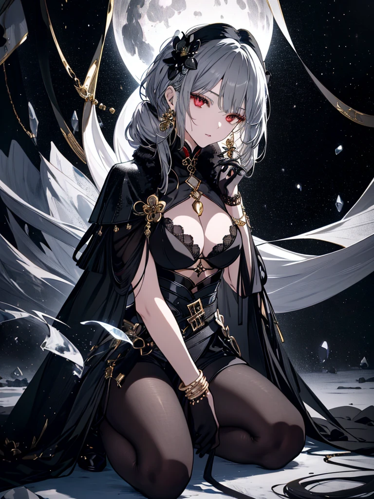 8k,High resolution RAW color art, Anime Art,Silver Marble Skin, (((Highly detailed elegant))), Detailed skin, texture,(Exquisitely crafted, The finer details, Ultra-detailed art), (((1 girl))), Depth of written boundary, Silky Touch, Hyper Detail, (((Cool face))), eye shadow、Armed women, Beautiful detailed red eyes, Beautiful lip detail, Highly detailed face, Delicate depiction of hair and eyes, Detailed Fashion, Golden Earrings,Full body depiction, Black half-top bra、Black shorts、Waist Cloak、black tights、Golden decoration, Gray Hair, Golden bracelet, Straight Hair、(((Hair)))、ice flower、moonlight、Calm background、(((Black theme)))、snow、Side view、Kneeling