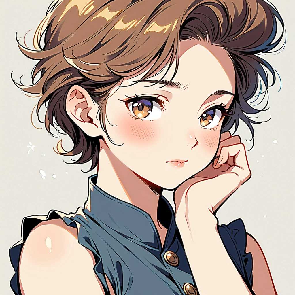 Female in her 20s, long brown hair, wavy hair, large light purple ribbon on top of head, pompadour bangs, white skin tone, right hand on cheek, wearing sleeveless blouse with white furilles, close-up of face, straight face