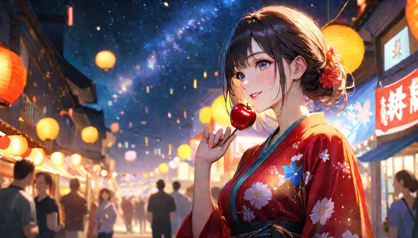 Summer festival,night, Starry Sky,yukata, Holding apple candy,Gazing at the sky,Blur the background,high school girl,smile,Glitter effect,Highest quality, 8k, High resolution, masterpiece:1.2, Very detailed, Realistic:1.37, High resolution, 超High resolution, Ultra-fine painting, Very detailed, Professional, Vibrant colors