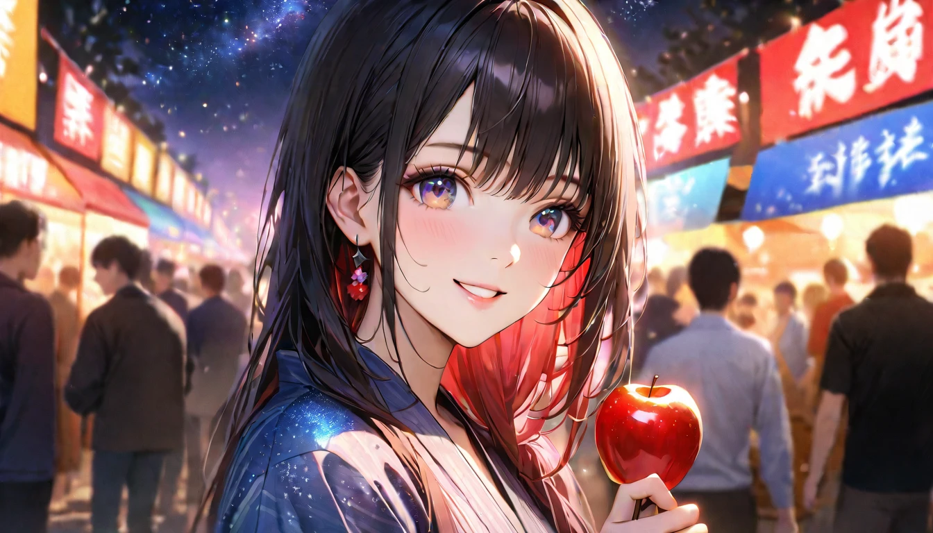 Summer festival,night, Starry Sky,yukata, Holding apple candy,Gazing at the sky,Blur the background,high school girl,smile,Glitter effect,Highest quality, 8k, High resolution, masterpiece:1.2, Very detailed, Realistic:1.37, High resolution, 超High resolution, Ultra-fine painting, Very detailed, Professional, Vibrant colors