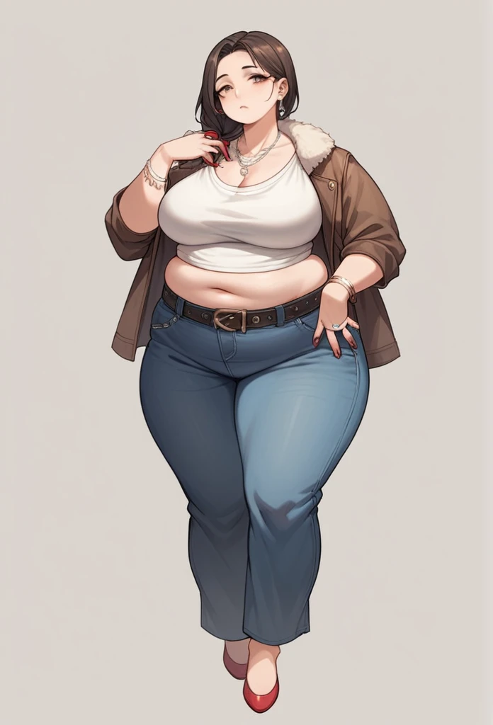 Curvy anime girl, overweight fat girl, pretty anime girl, beautiful chubby anime girl, big tummy, large breasts, wide hips, curvy butt, stomach rolls, stomach bump, fashionable, cool clothes, fun clothes, fashion, accessories, jacket, jewelry, bracelet, earrings, necklace, rings, accessories, belt, skirt, dress, pants, shirt, long shirt, low cut tshirt, baggy shirt, cute, cool fashionable girl feet with red nail polish and dumb