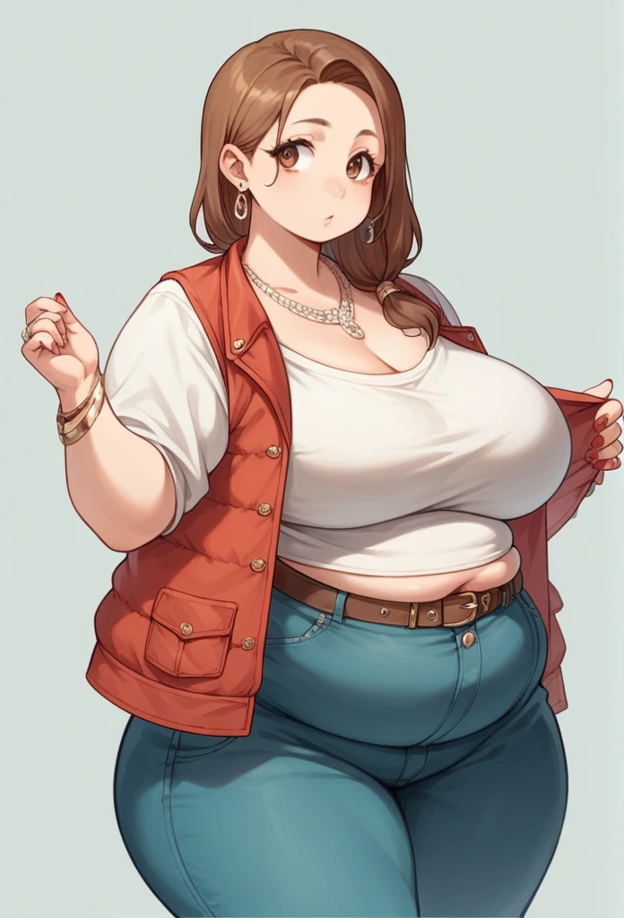 Curvy anime girl, overweight fat girl, pretty anime girl, beautiful chubby anime girl, big tummy, large breasts, wide hips, curvy butt, stomach rolls, stomach bump, fashionable, cool clothes, fun clothes, fashion, accessories, jacket, jewelry, bracelet, earrings, necklace, rings, accessories, belt, skirt, dress, pants, shirt, long shirt, low cut tshirt, baggy shirt, cute, cool fashionable girl feet with red nail polish and dumb