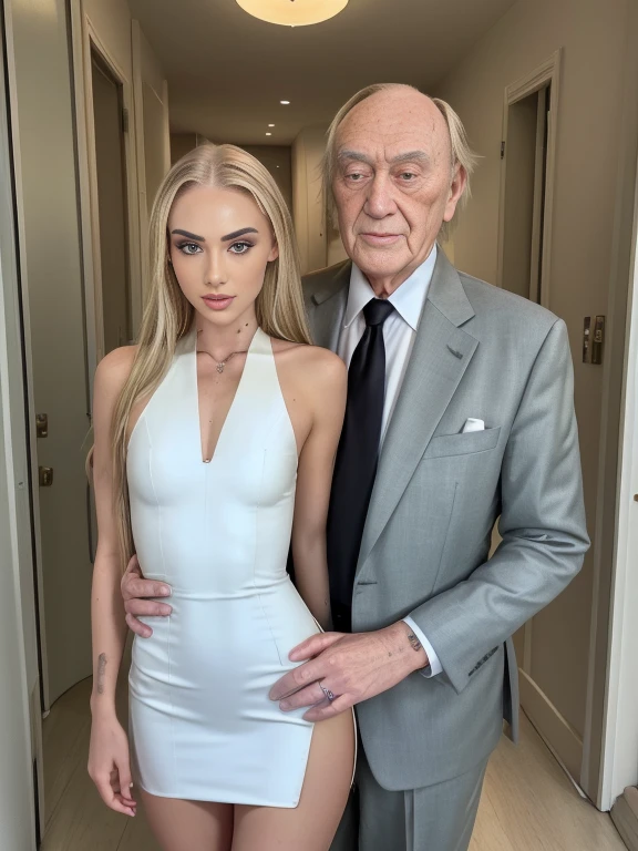 8k, Hyperrealistic body shot of pale blonde skinned woman being hugged from behind by a 90 year ugly old man wearing in a suit, girl hot sexy mini dress, Girl sexy hot, Alisha Lehmann face, 2