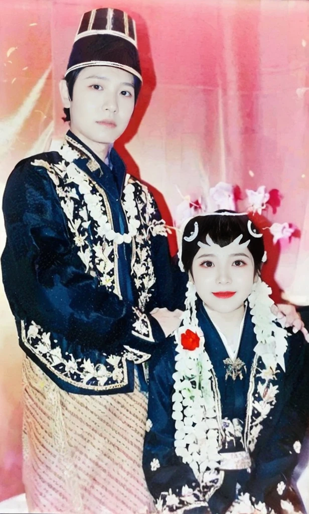 Indonesian bride and groom, they wear traditional Javanese traditional clothes, the clothes have white jasmine flowers, brown sarongs, red roses