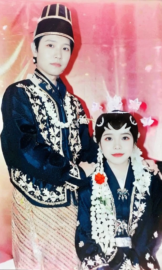 Indonesian bride and groom, they wear traditional Javanese traditional clothes, the clothes have white jasmine flowers, brown sarongs, red roses